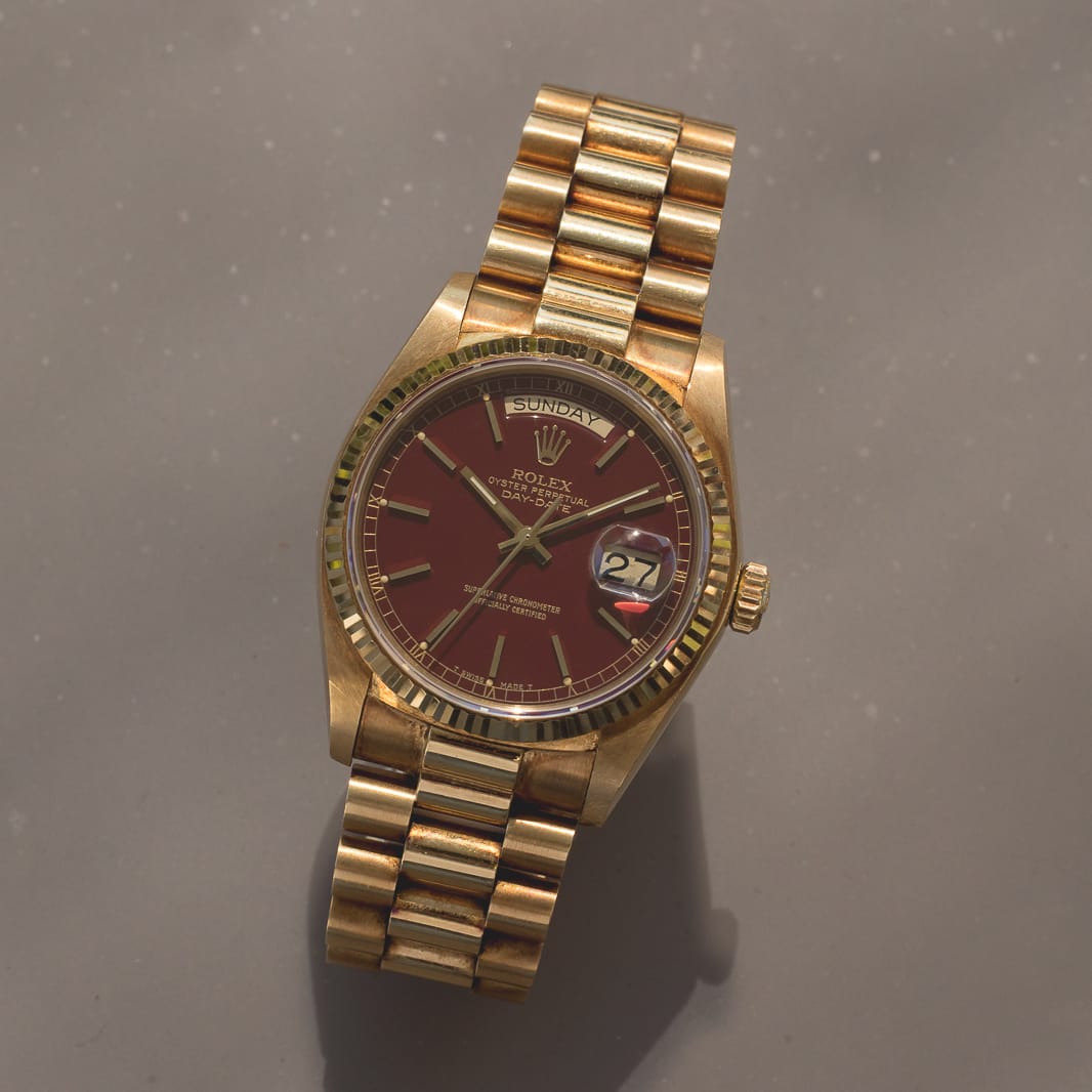 rolex day date 18038 stella oxblood burgundy unpolished sticked caseback