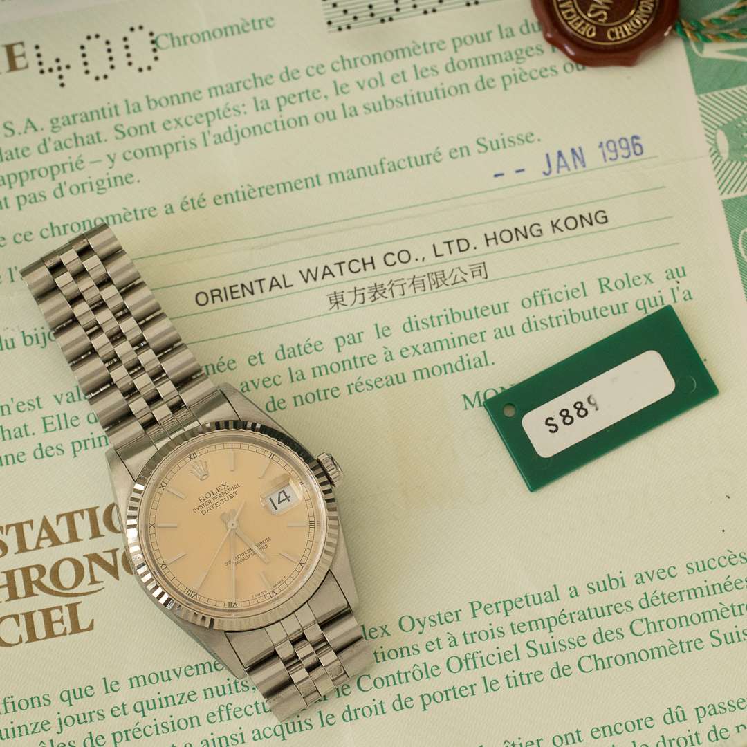 rolex datejust 16234 silver salmon patina