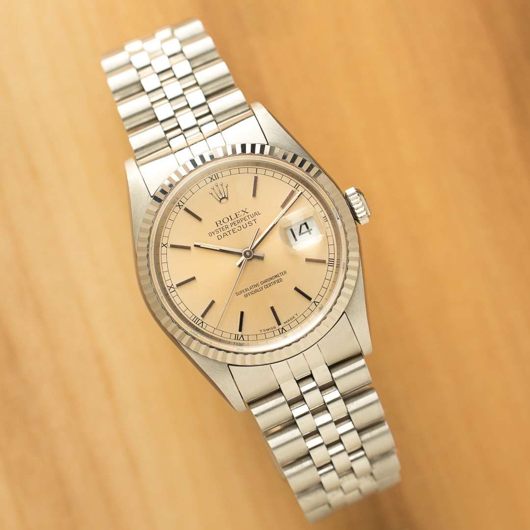 rolex datejust 16234 silver salmon patina
