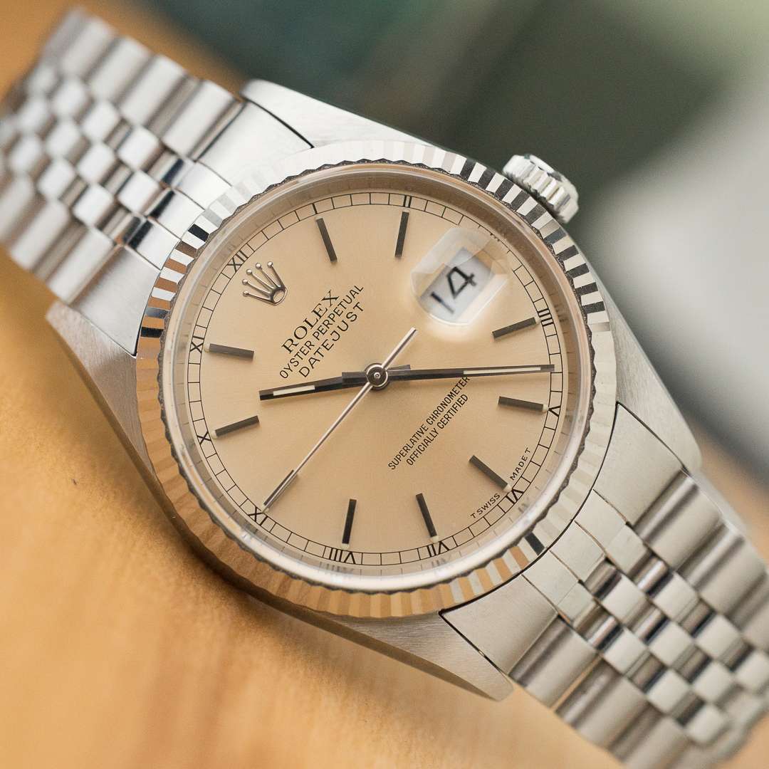 rolex datejust 16234 silver salmon patina