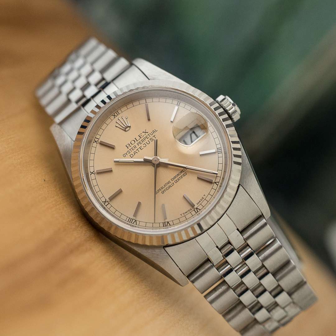 rolex datejust 16234 silver salmon patina