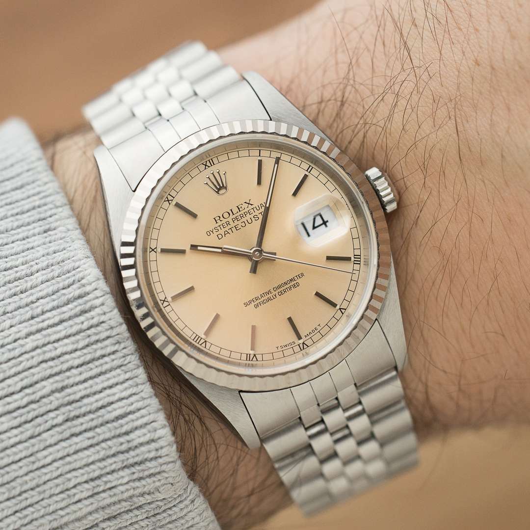 rolex datejust 16234 silver salmon patina
