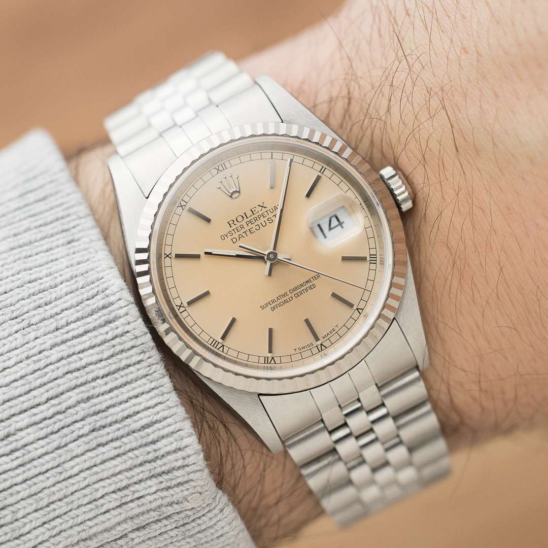 rolex datejust 16234 silver salmon patina