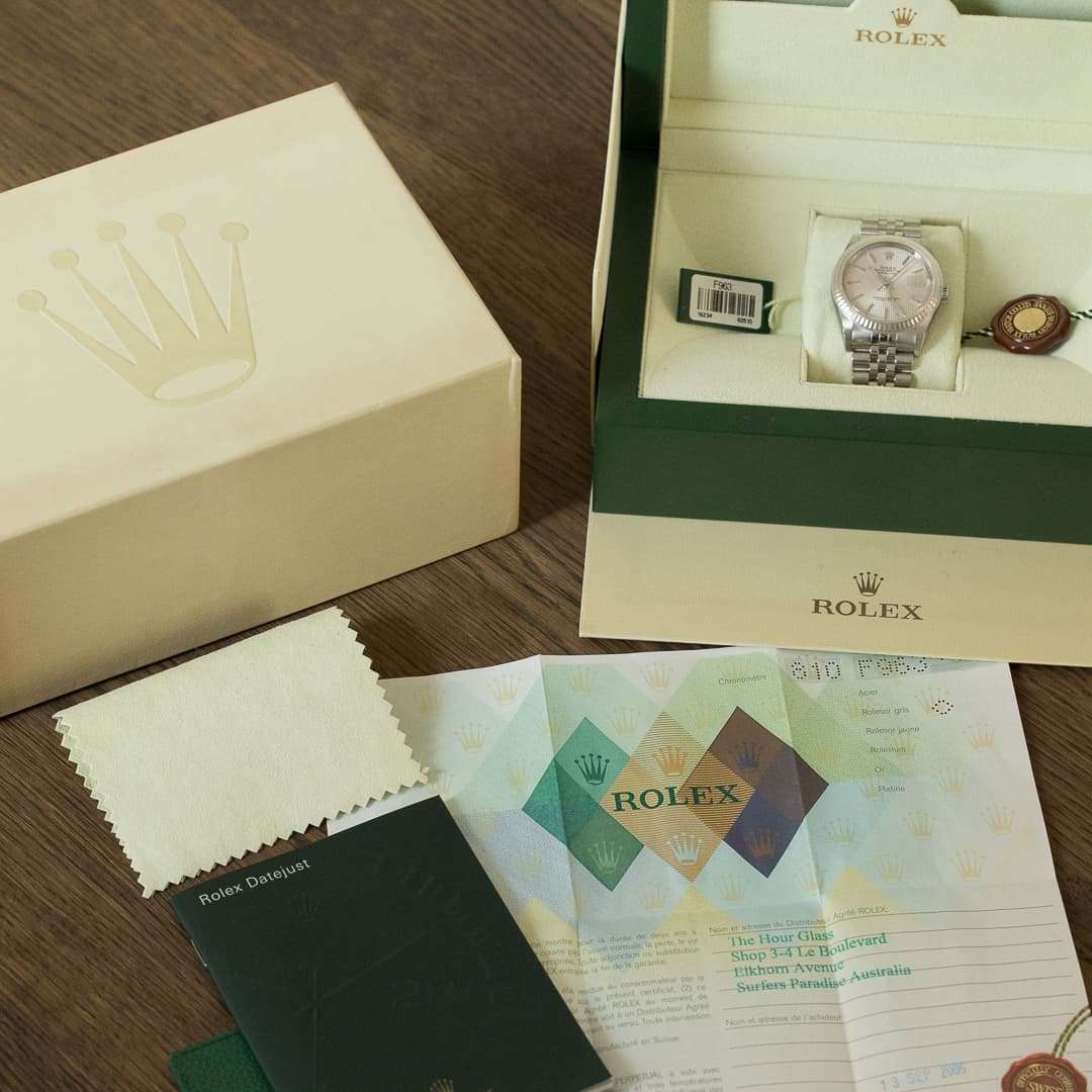 rolex datejust 16234 tapestry dial box papers 2005
