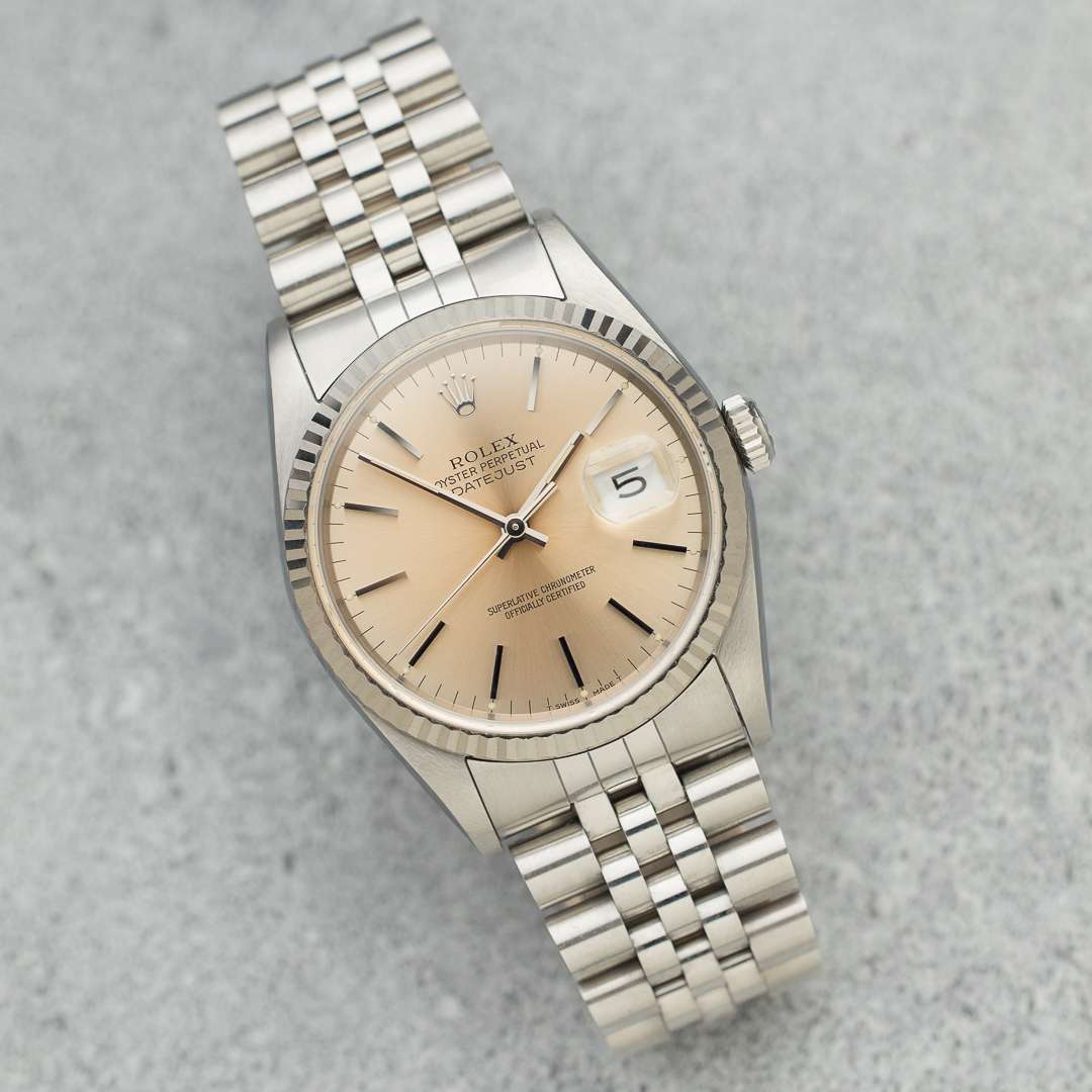 rolex datejust 16234 silver salmon patina