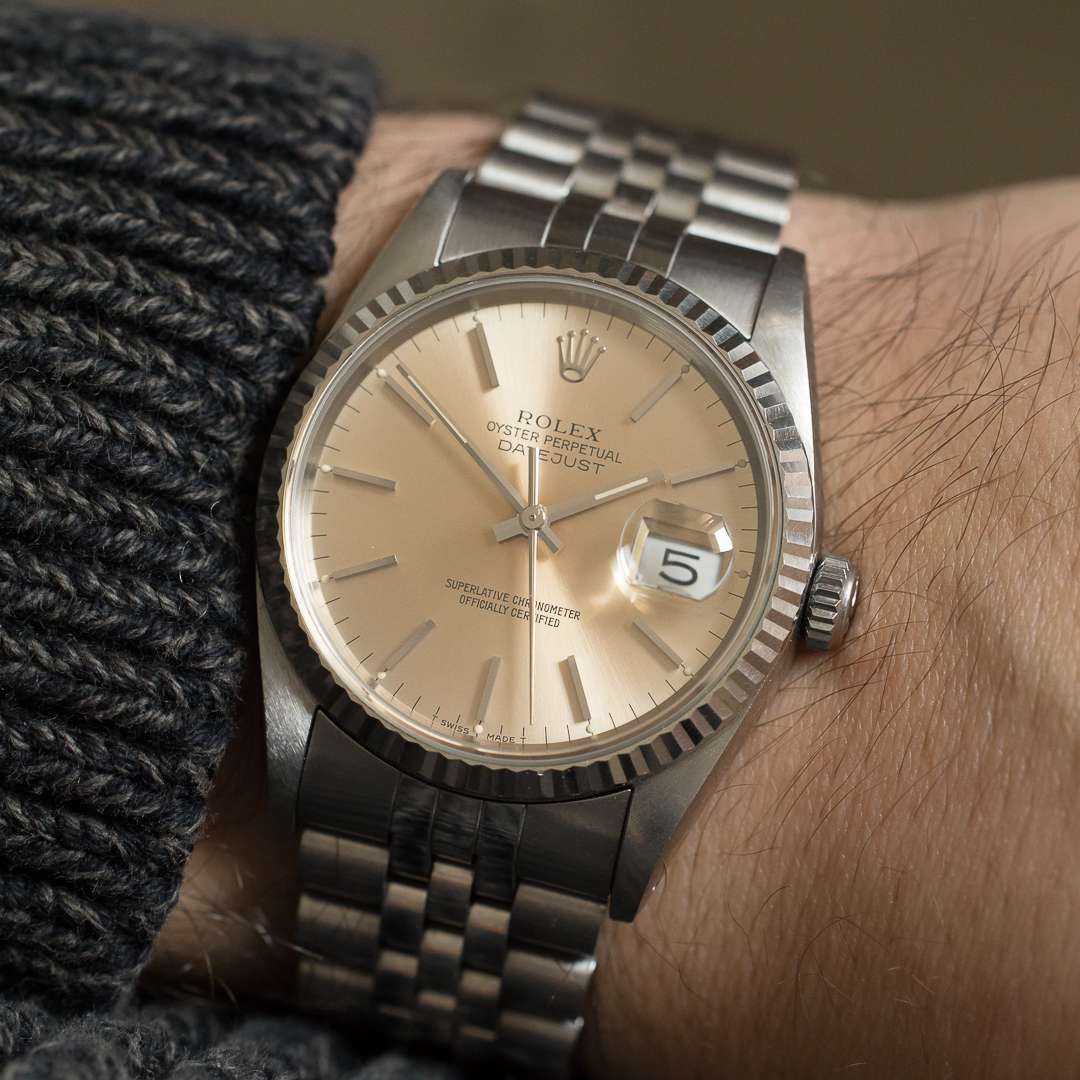 rolex datejust 16234 silver salmon patina