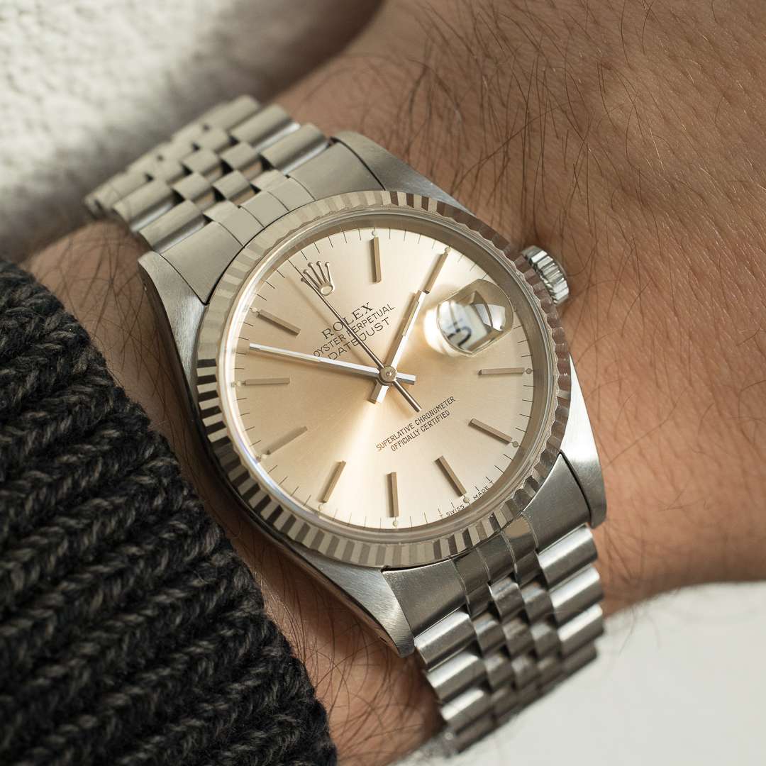 rolex datejust 16234 silver salmon patina