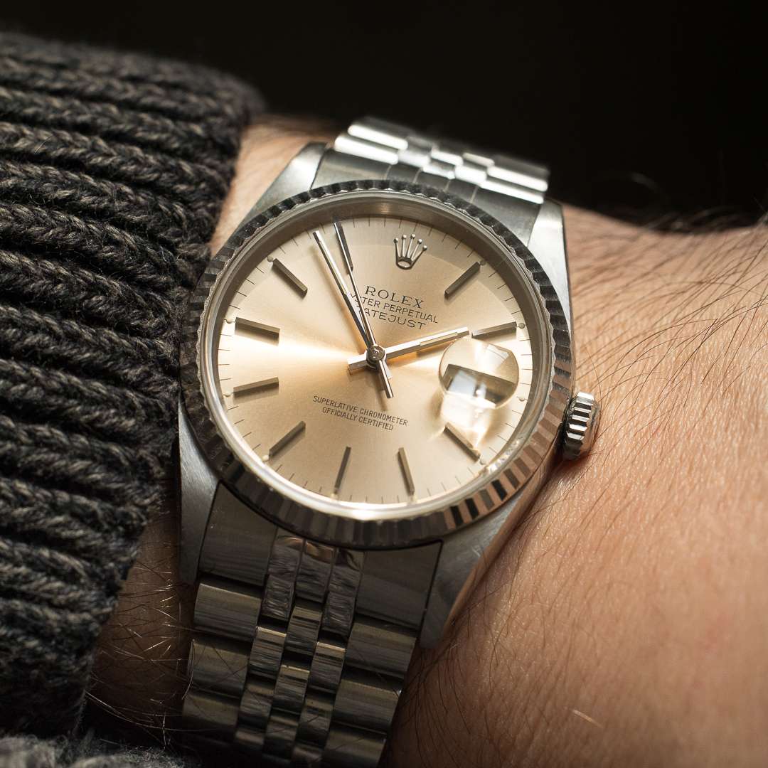 rolex datejust 16234 silver salmon patina